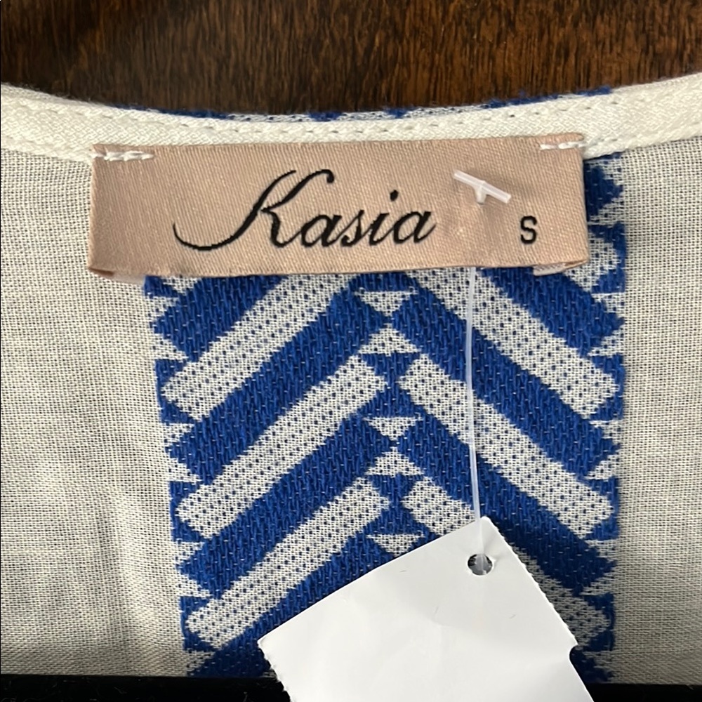 Blue and White Patterned Wrap Dress - Picture 2 of 5